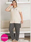 Kadın Desenli Bisiklet Yaka 3 Düğmeli Yırtmaç Detaylı Büyük Beden Viskon Kısa Kol Pijama Takımı 