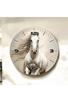 Şık Beyaz Renkli At Baskılı Hayvan Desenli Sayılı Hediyelik Ahşap Sessiz Duvar Saati 50cm