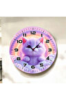 Mor Renkli Baskı Kedi Desenli Sayılı Hediyelik Ahşap Sessiz Duvar Saati 50cm
