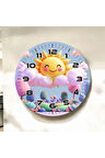 Renkli Baskı Güneş Bulut Çocuk Desenli Sayılı Hediyelik Ahşap Sessiz Duvar Saati 50cm