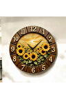 2D Ayçiçeği Desenli Renkli Baskı Sayılı Hediyelik Ahşap Sessiz Duvar Saati 50cm