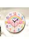 Renkli Baskı Kalp Çocuk Desenli Sayılı Hediyelik Ahşap Sessiz Duvar Saati 50cm