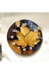 Sarı Siyah Renkli Baskı Yaprak Desenli Sayılı Hediyelik Ahşap Sessiz Duvar Saati 50cm