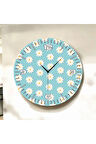 Mavi Renkli Baskı Papatya Çiçek Desenli Sayılı Hediyelik Ahşap Sessiz Duvar Saati 50cm