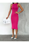 Kadın Fuşya Pembe Yırtmaçlı Halter Yaka Kaşkorse Fitilli Askılı Likralı Midi Elbise Günlük Elbise
