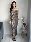 Kadın Askılı Maxi Boy Likralı Vücuda Oturan Leopar Desenli Yazlık Yeni Sezon Leoparlı Uzun Elbise