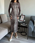 Kadın Leopar Parmak Geçirmeli Vücuda Oturan Esnek Yumuşak Uzun Kollu Maxi Uzun Elbise Basic Uzun Elbise