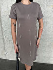 Kadın Vizon Taş Kısa Kollu Oys Premium Pamuklu Modal Kumaş Taş İşlemeli Kısa Mini Yazlık Rahat Elbise