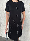 Kadın Siyah Kısa Kollu Oys Premium Pamuklu Modal Kumaş Taş İşlemeli Kısa Mini Yazlık Rahat Elbise