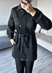 Kadın Siyah Beli Bağlamalı Kuşaklı Ceket ve Pantolon Tesettür İkili Takım Düğmeli Alt Üst Takım