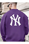 Erkek NY Ön Arka Baskılı Oversize Bisiklet Yaka Sweatshirt