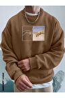 Erkek El Baskı Bisiklet Yaka Sweatshirt