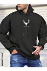 Erkek Geyik Baskı Kapüşonlu Sweatshirt