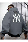 Erkek Ön Arka NY Baskılı Kapüşonlu Sweatshirt