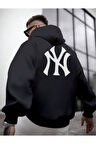 Erkek Ön Arka NY Baskılı Kapüşonlu Sweatshirt