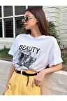 Unisex Beyaz Beauty Baskılı Oversize Bisiklet Yaka T-shirt
