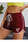 Kadın Kahverengi Kalp Baskılı Biye Detayli Mini Şort