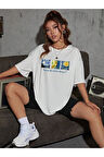 Unisex Beyaz Enjoy Van Gogh Baskılı Bisiklet Yaka Oversize T-shirt