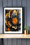 Altın Parıltılar Içinde Siyah Mürekkep Desenleri Kaplamış Çiçek Tablo, Dekoratif Duvar Süsü