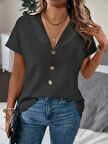 Kadın Kısa Kollu Derin V Yakalı Düğmeli Ithal Keten Bluz