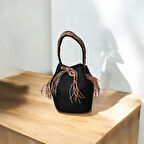 Hasır Çanta, Plaj Çantası, Büzgülü Tasarım Çanta, Siyah Püsküllü Çanta