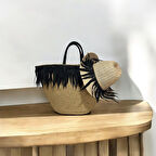 Hasır Çanta, Plaj Çantası Ve Şapka 2'li Takım, El Emeği Plaj Çantası Ve Plaj Şapkası, Siyah Püsküllü