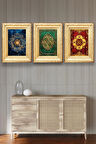 Altın Çerçeve Görünümlü 3 ayrı Motif ve Renkli Tablo Seti, Ev, Oturma Odası Dekoratif Duvar Süsü