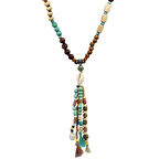 El Yapımı Etnik Ahşap Kombinli Turkuaz Renk Geçişli Deniz Kabuğu Detaylı Otantik Kolye