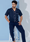 Erkek V Yaka Desenli Göğüs Cepli Kısa Kol Pijama Takımı-Pamuklu Önden Düğmeli Hastane Pijaması