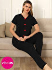 Kadın Süs Düğmeli Fiyonklu V Yaka Puantiyeli Likralı Viskon Kısa Kol Pijama Takımı 