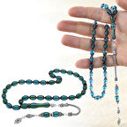 925 Ayar Gümüş Püsküllü Arpa Kesim Turkuaz Ateş Kehribar Tesbih