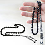 1000 Ayar Çift Kazaz Püsküllü Arpa Kesim İsim Yazılı Siyah Sıkma Kehribar Tesbih