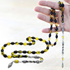Kararmaz Metal Halat Püsküllü Arpa Kesim Sarı-Siyah Ateş Kehribar Tesbih