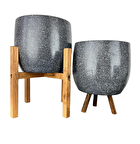 Ev Dekorasyon Aksesuar Gri Granit Toprak Saksı Saksılık Salon Çiçeklik İkili Set 3 Ayaklı- 4 Ayaklı- 19 CM