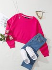 Kadın Basic Crop İçi Polarlı Oversize Sweatshirt - FUŞYA