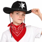 Çocuk Kovboy Şapka Rozetli Siyah &amp; Kırmızı Bandana Fular Seti
