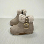 KIZ ÇOCUK TÜY DETAYLI TOKALI KAYMAZ TABAN BEJ BOT 