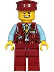 Lego Minifigür Tram Driver - Male, Dark Red Vest, Bright Light Blue Shirt, Dark Red Legs, Dark Red Hat