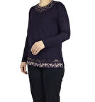 KADIN YAKA VE ETEK DESENLİ TAŞLI LİKRALI BLUZ-ARPBATTAL2