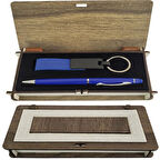 Ahşap Kutulu Mavi Kalem Anahtarlık Set Dekoratif Hediyelik