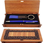 Ahşap Kutulu Koyu Mavi Kalem Ve Anahtarlık Set