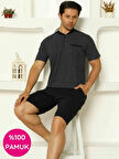 Erkek Desenli Bisiklet Yaka 3 Düğmeli Göğüs Cepli %100 Pamuk Kısa Kol Şortlu Pijama Takımı