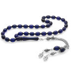 925 Ayar Gümüş Çift Püsküllü Arpa Kesim Lacivert Sıkma Kehribar Tesbih