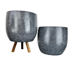 Ev Dekorasyon Aksesuar Gri Granit Toprak Saksı Saksılık Salon Çiçeklik İkili Set Ayaksız - 3 Ayaklı- 19 CM
