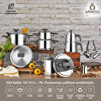 18 Parça Enio Paslanmaz Çelik Tencere Çeyiz Seti - Gri