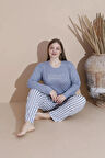 Baskılı Uzun Kol Milan Kumaş Battal Kadın Pijama Takımı