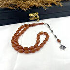 925 AYAR GÜMÜŞ ARPA KESİM BAL RENGİ OSMANLI TUĞRASI TEKLİ PÜSKÜL ATEŞ KEHRİBAR TESBİH