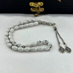 925 AYAR GÜMÜŞ ARPA KESİM ÖZEL TASARIM İKİLİ TİLKİ KUYRUĞU PÜSKÜL BEYAZ HAVLİT TAŞI DOĞAL TAŞ TESBİH