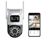 QASUL 2mp Çift Kameralı Çift Ekranlı Ptz Outdoor Güvenlik Kamerası Dış Mekan