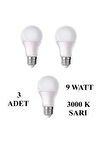9W E27 Led Ampul 3000K Sıcak Sarı Işık (3 Adet)